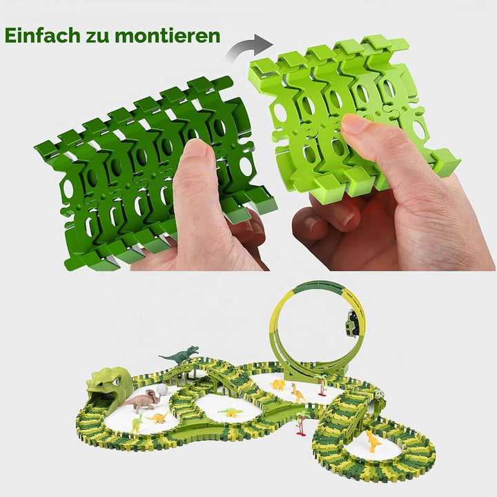 CELMAN Dinosaurier Spielzeug - Flexibles Rennbahn mit viele Teilen und Geländewagen, Autorennbahn Sp