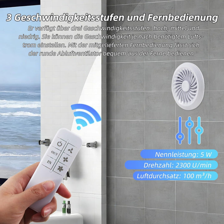 Badlüfter 100mm, 130m³/h Abluftventilator mit Fernbedienung, Rohrventilator, 3 Geschwindigkeiten Lüf
