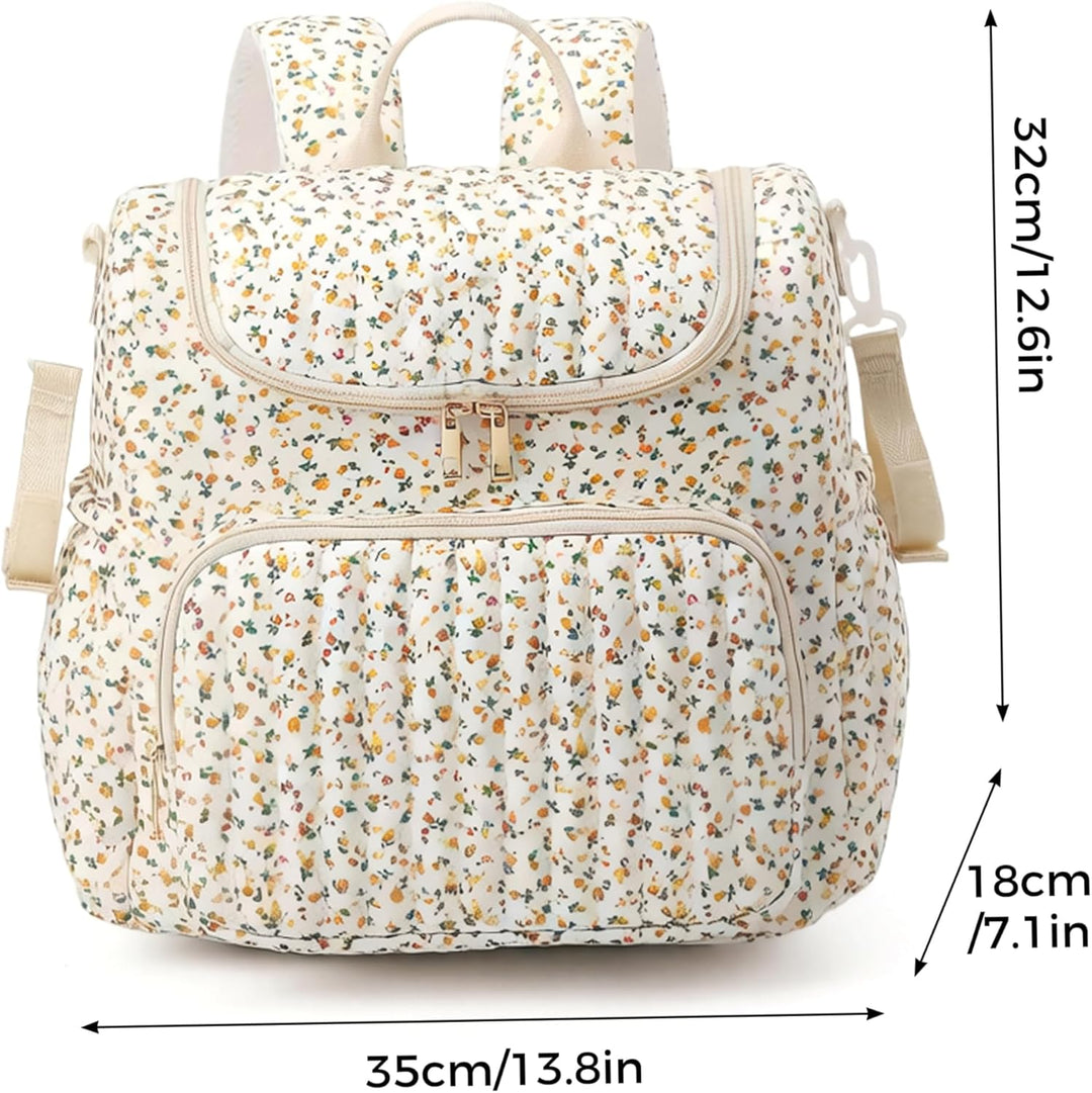 Gesteppte Wickeltasche, Wickelrucksack mit Blumenmuster, geräumiger Mama-Rucksack mit mehreren Tasch