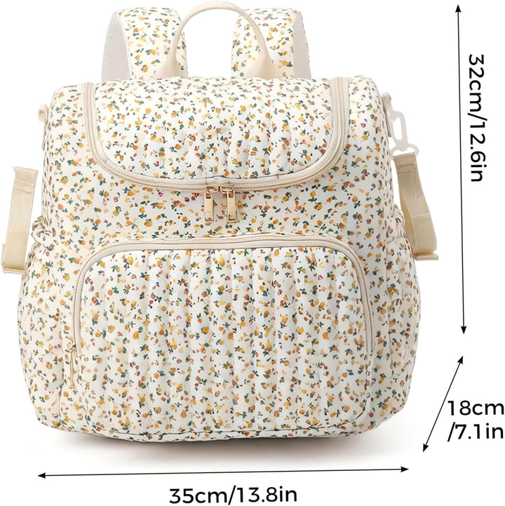 Gesteppte Wickeltasche, Wickelrucksack mit Blumenmuster, geräumiger Mama-Rucksack mit mehreren Tasch