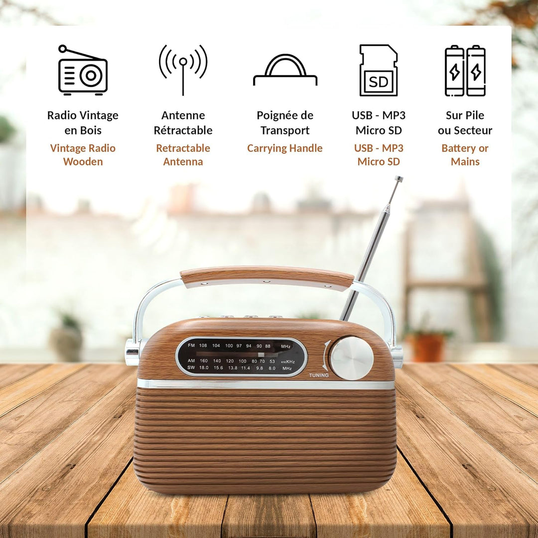 FISHTEC - Radio Vintage Retro Design USB / MP3 / Micro SD Player – tragbar – einziehbare Antenne – B