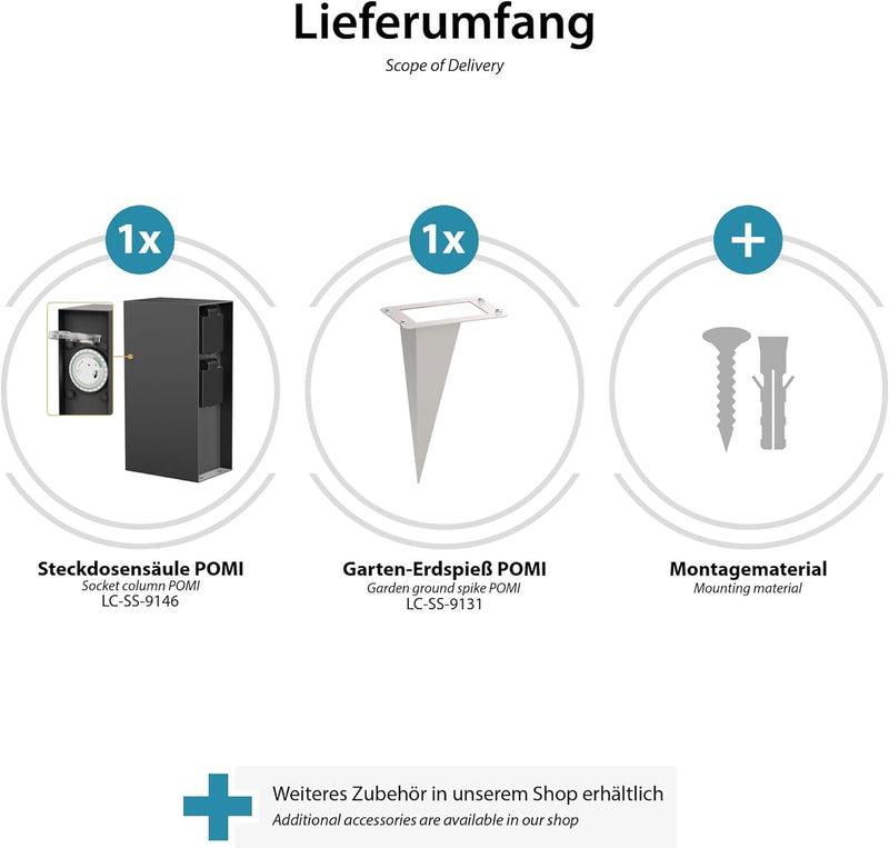 ledscom.de 2X Garten-Steckdosensäule POMI mit Erdspiess für aussen, IP44, Timer/Zeitschaltuhr, 2-Fac