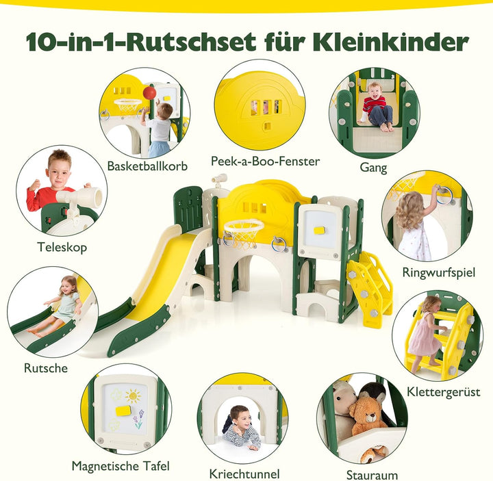 COSTWAY Kinder Rutsche faltbar, 10 in 1 Kinderrutsche mit Basketballkorb, Wurfspiel, Tafel, Tunnel,