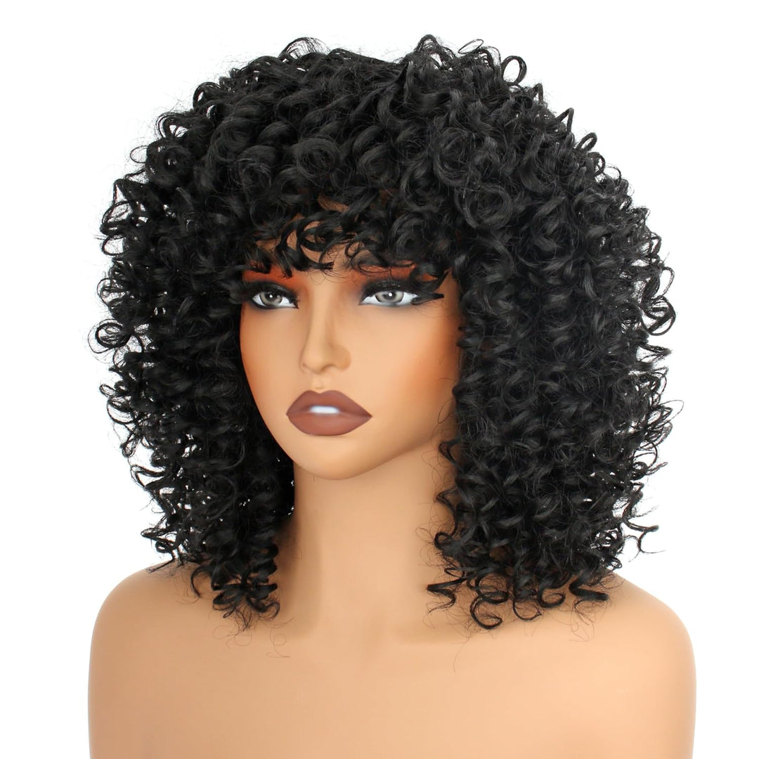 PORSMEER Lockige Afro Perücke Damen Volle flauschig Haar Kinky Curly Bob Black Wig volume mit Pony f