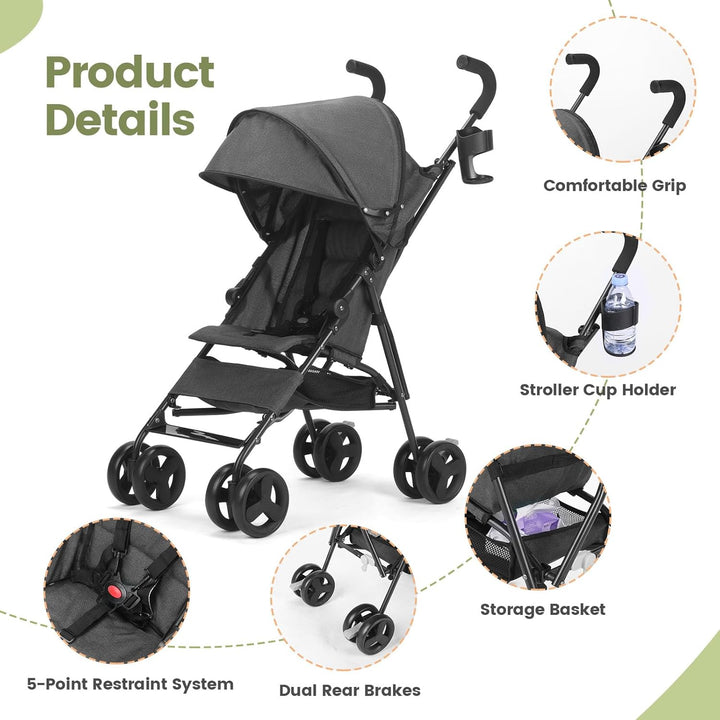 Einhändig klappbarer, leichter Kinderwagen, grosser Aufbewahrungskorb, Verdeck, Getränkehalter, komp