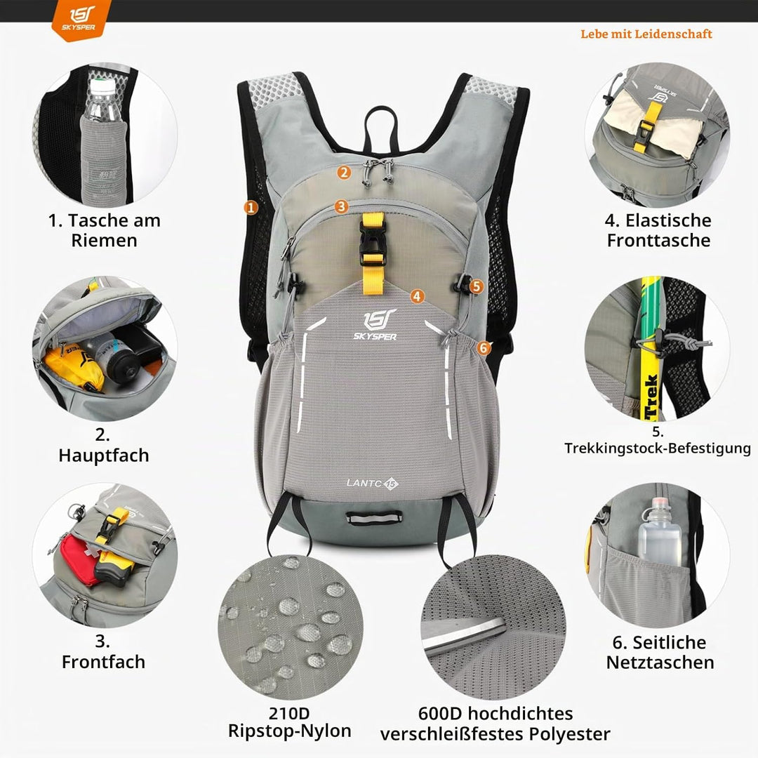 SKYSPER Wanderrucksack 15L Rucksack Herren Klein Tagesrucksack Leichter Trekkingrucksack für Wandern