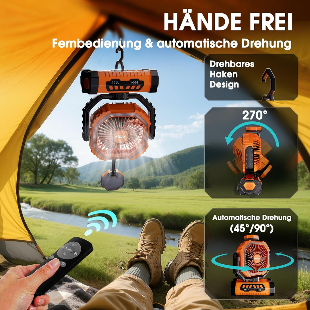 Camping Ventilator 20000mAh, Wiederaufladbarer Tischventilator USB Ventilator mit LED Licht &amp; Haken,