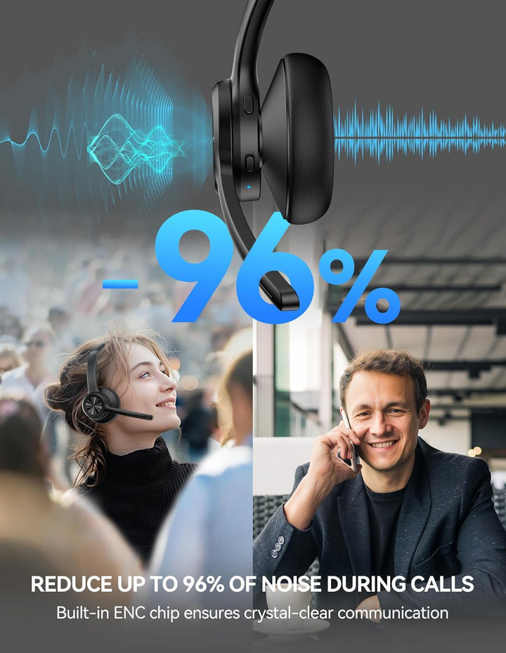 TECKNET V5.2 Bluetooth Headset mit Mikrofon, Wireless Headset mit Noise Cancelling und Stummschaltun