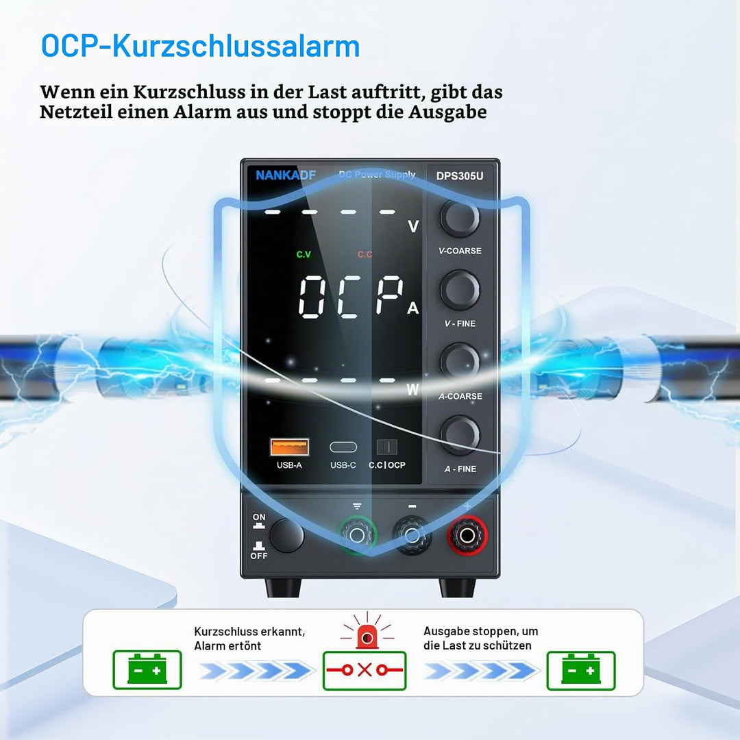 Labornetzgerät einstellbar 30V 5A, Variables DC-Netzteil mit USB-A/Typ-c-Schnellladeanschluss, hochp