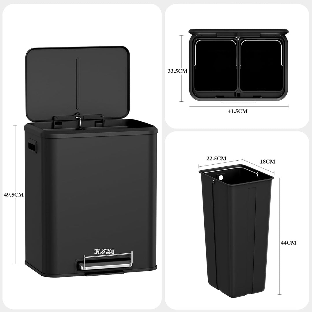 LIFERUN Mülleimer 2 Fächer, Mülltrennsystem 2 x 15 L,Abfalleimer Küche aus Metall, Softclose Deckel,