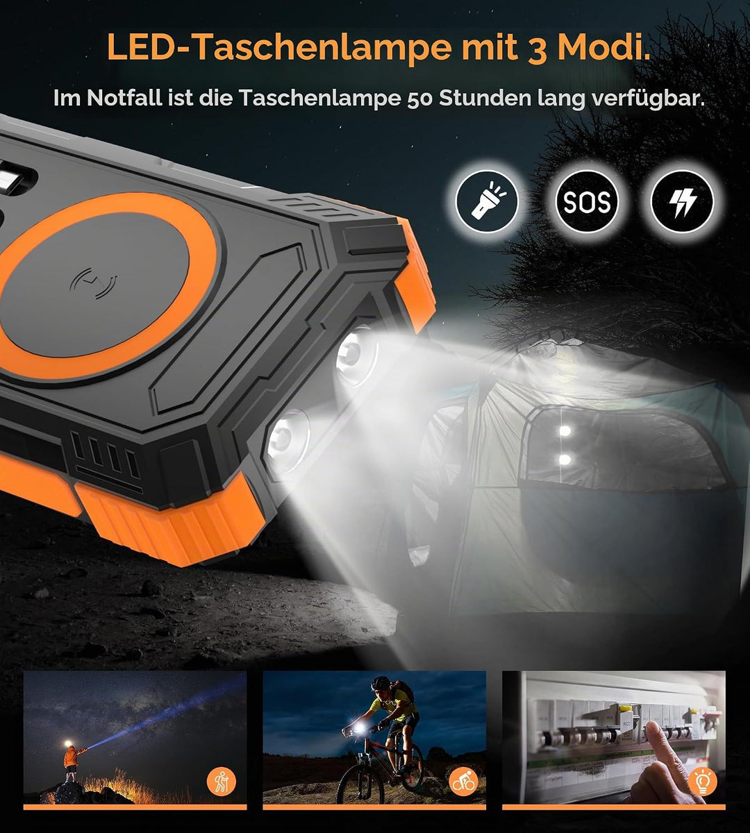 56800mAh Solar Powerbank, Wireless Power Bank gross mit 4 Kabeln, 30W PD Schnellladefunktion, 6 Ausg