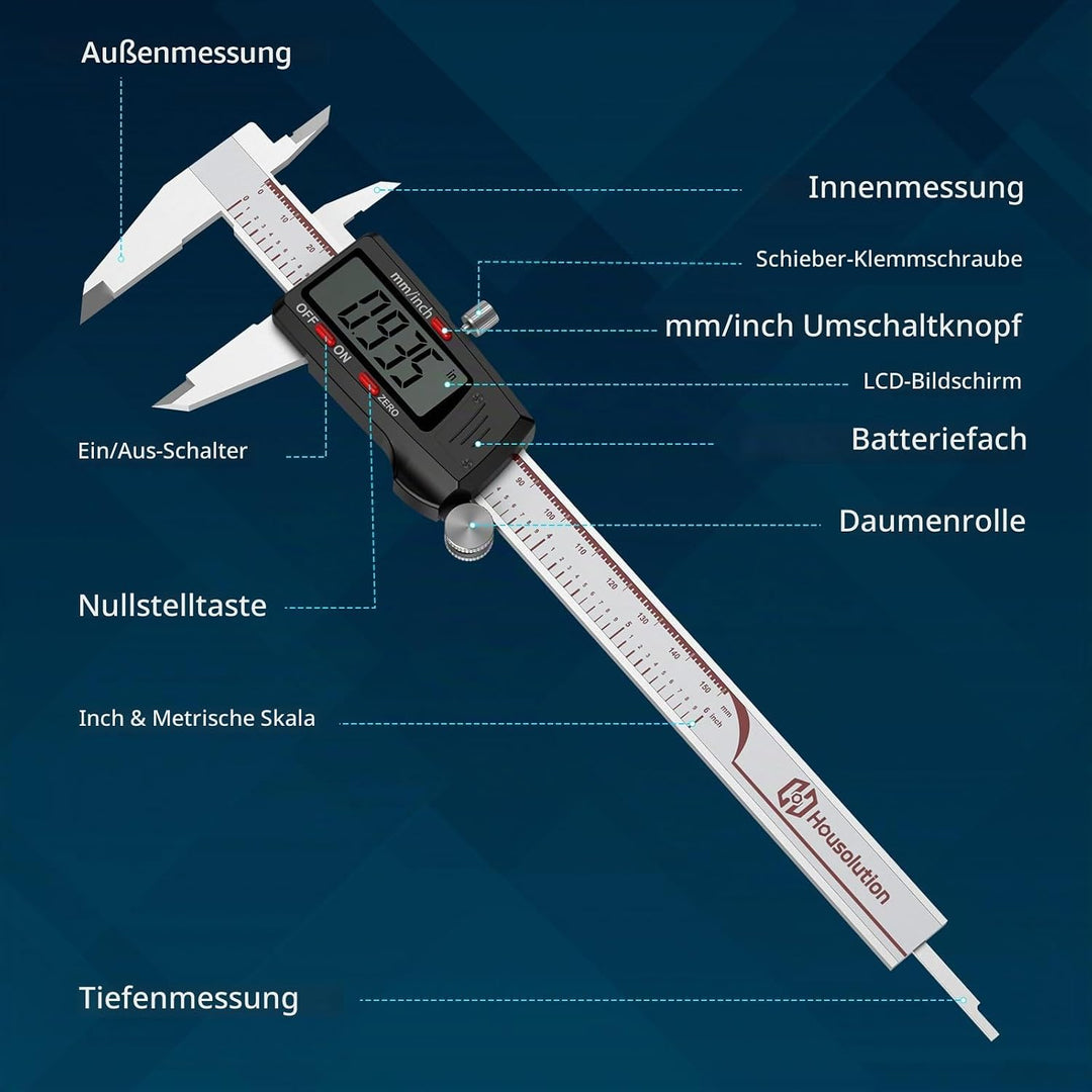 Housolution Digitaler Messschieber 6 Zoll, Messschieber mit grossem LCD-Bildschirm, Zoll/MM, 4 Messw