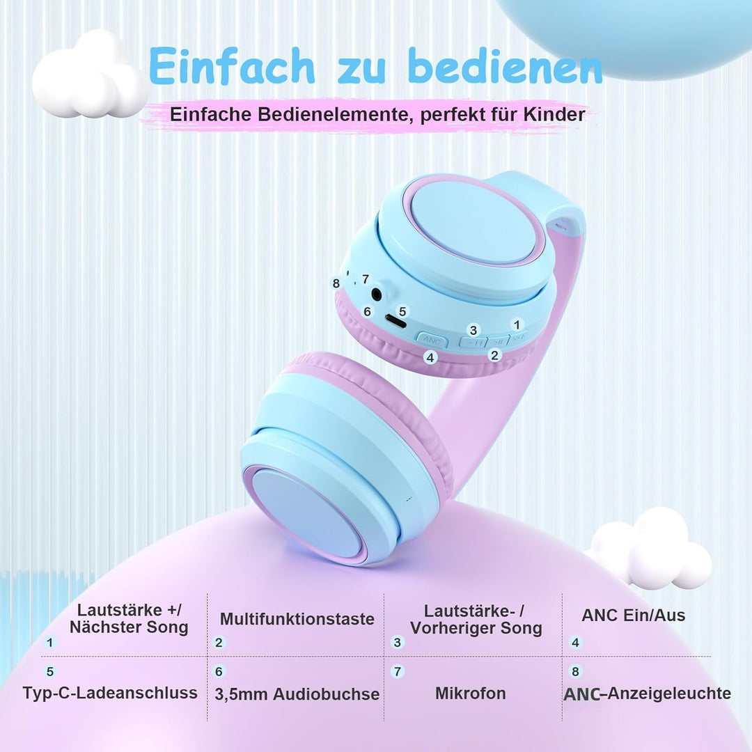 Tonoshark Noise Cancelling Kopfhoerer Kinder (ANC) | 60h Spielzeit | Kopfhörer Kabellos Bluetooth Ki