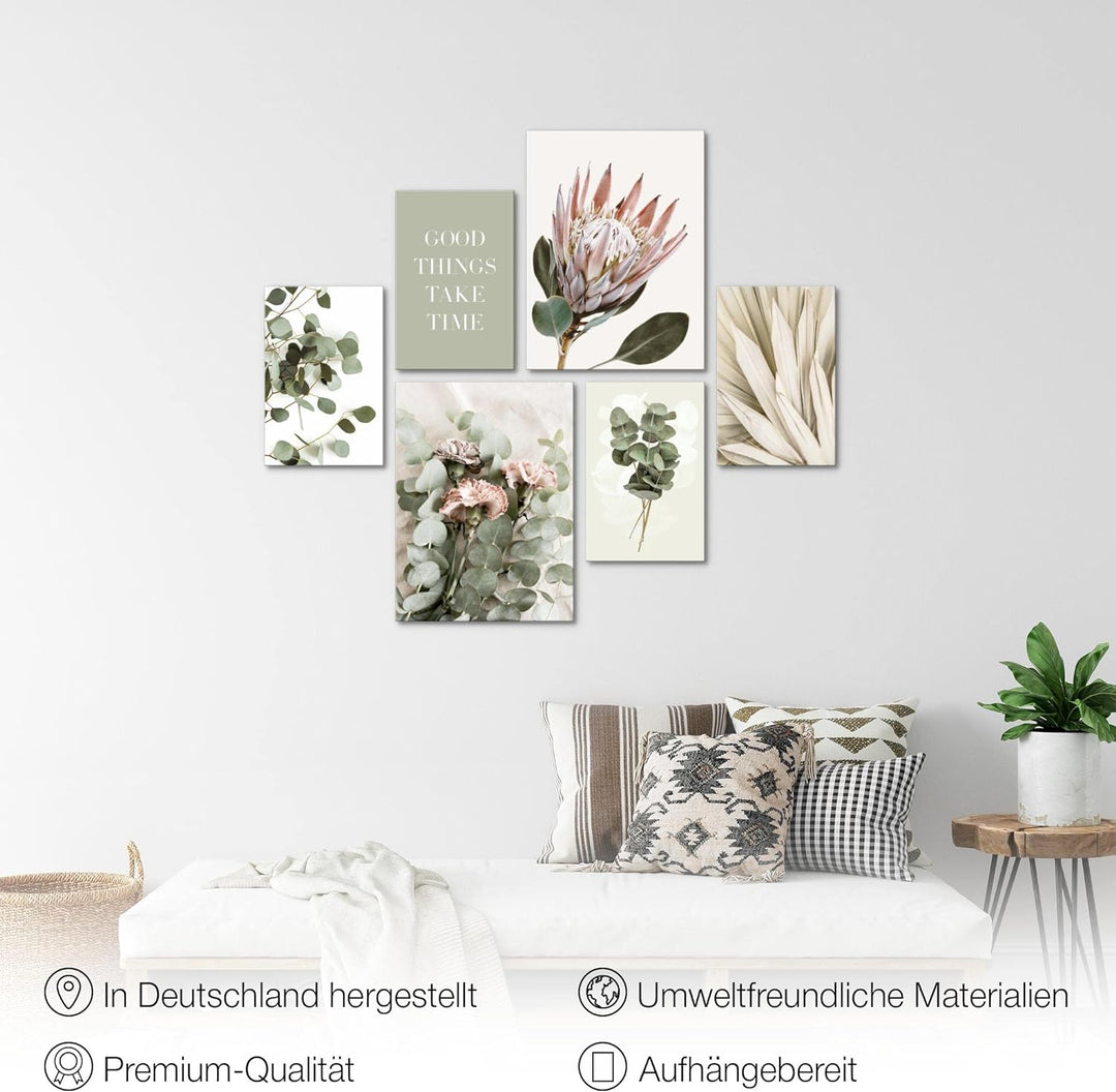 Novart Bilder Set - AUFHÄNGFERTIG - KEIN EXTRA RAHMEN BENÖTIGT - Grün Blätter Modern Boho Beige - Wo