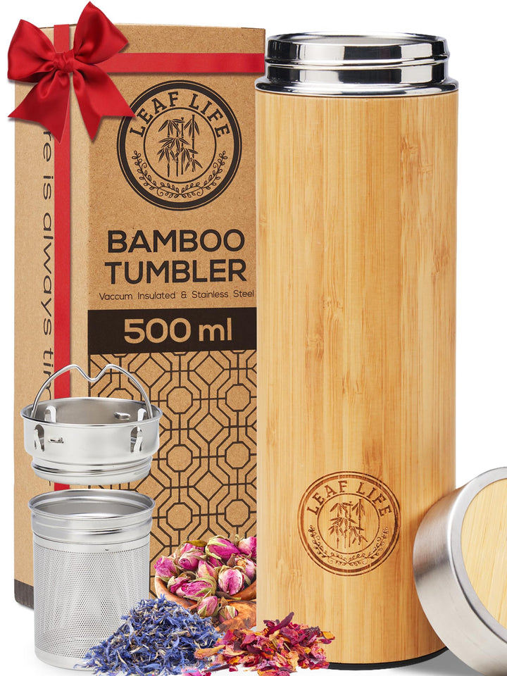 LeafLife Teeflasche mit Sieb to Go - 500ml Tea infuser aus Bambus - Teeflasche to go für Teeblätter