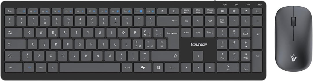 VulTech KM-851W Kabellose Tastatur und Maus, geräuschlos, italienisches QWERTY-Layout, ultradünn, Zi