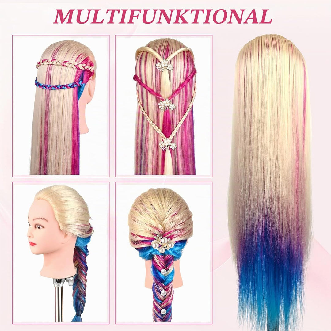 Trainingsköpfe, 28 Zoll Frisierkopf für Friseure, 100% Kunstfaser Haar Übungskopf, mit DIY Strickset
