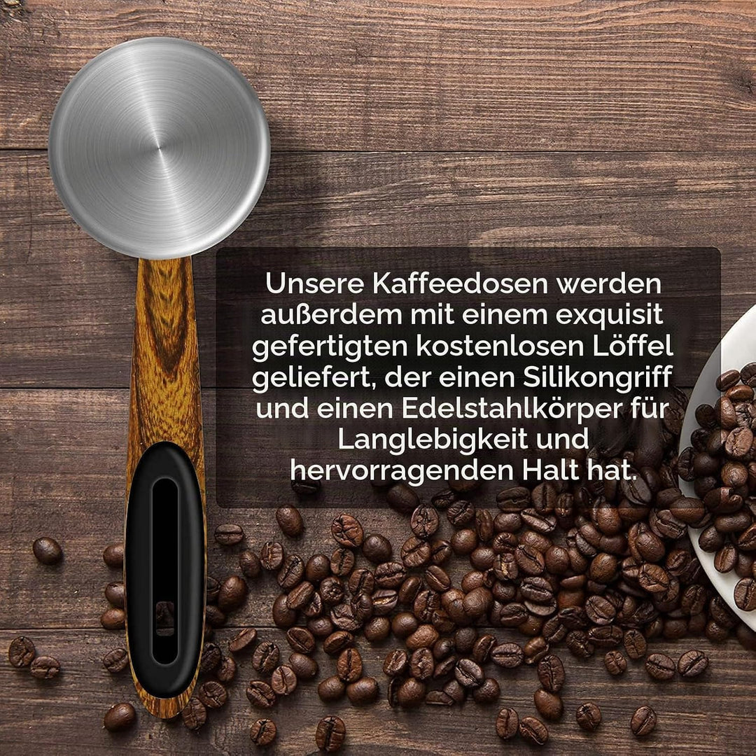 Dreamhigh® Kaffeedose Luftdicht 1kg Bohnen - Kaffeebehälter aus Edelstahl mit Messlöffel, Deckel aus