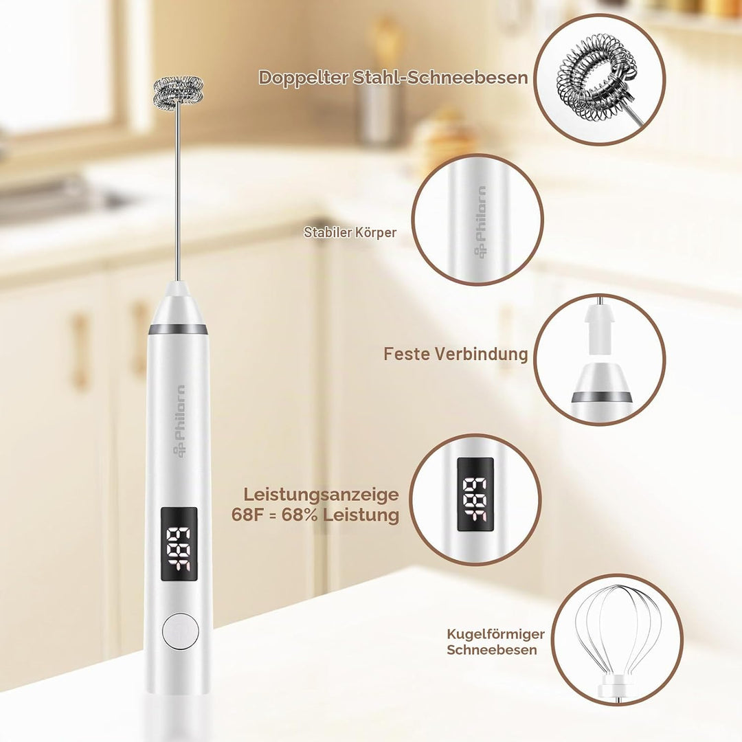 Philorn Elektrischer Milchaufschäumer Stab USB-C aufladbar mit LCD-Batterieanzeige -2 Aufsätzen, 3 S