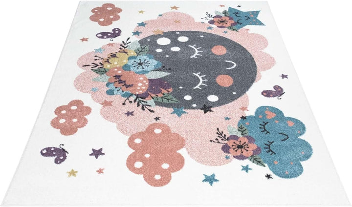 carpet city Teppich Kinderzimmer Mond - Creme, Multi - 160x230 cm - Kinderteppich Kurzflor mit Wolke