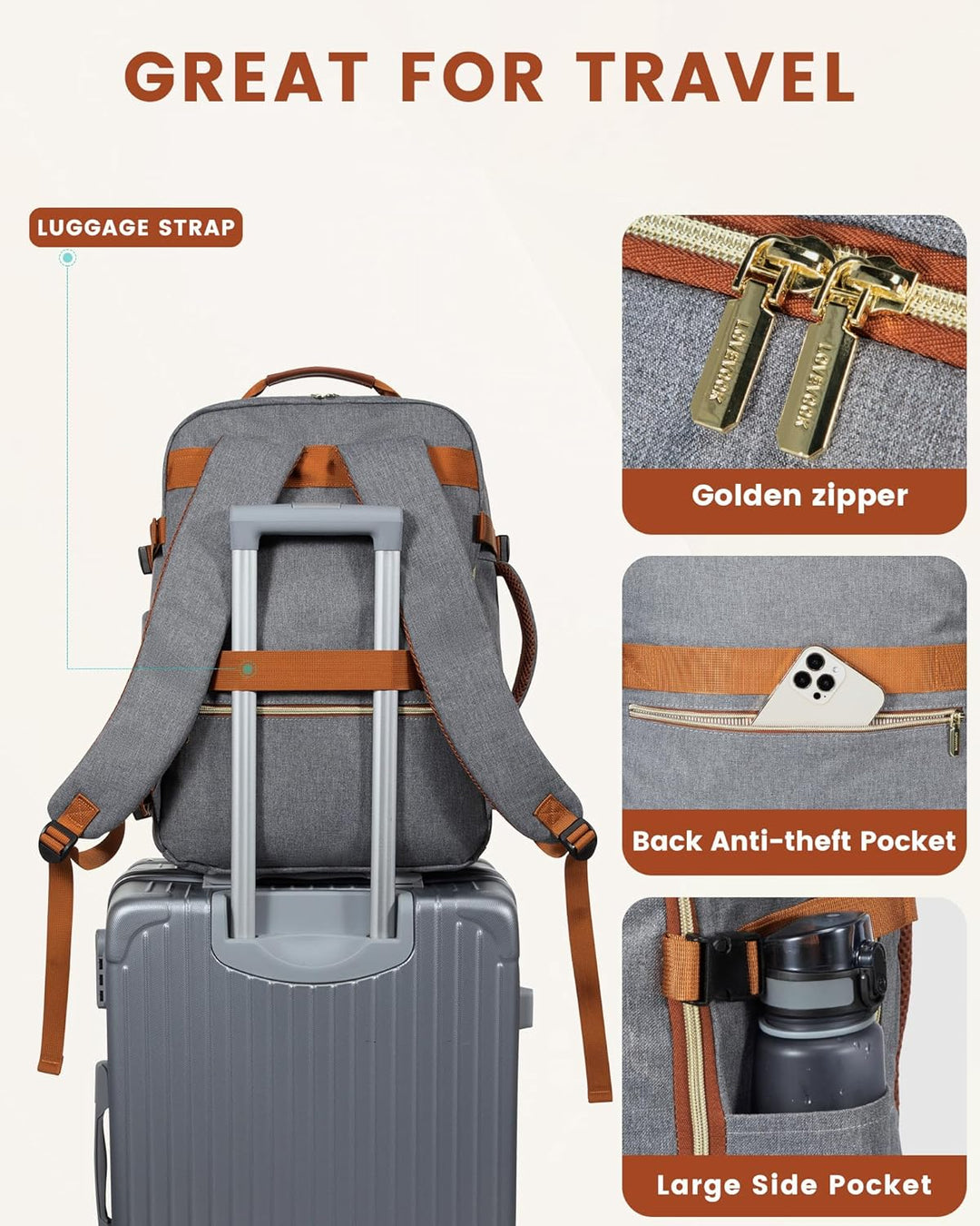 LOVEVOOK Handgepäck Rucksack Flugzeug, 40L Gross Reiserucksack Damen Kofferrucksack, Wasserdicht Rei