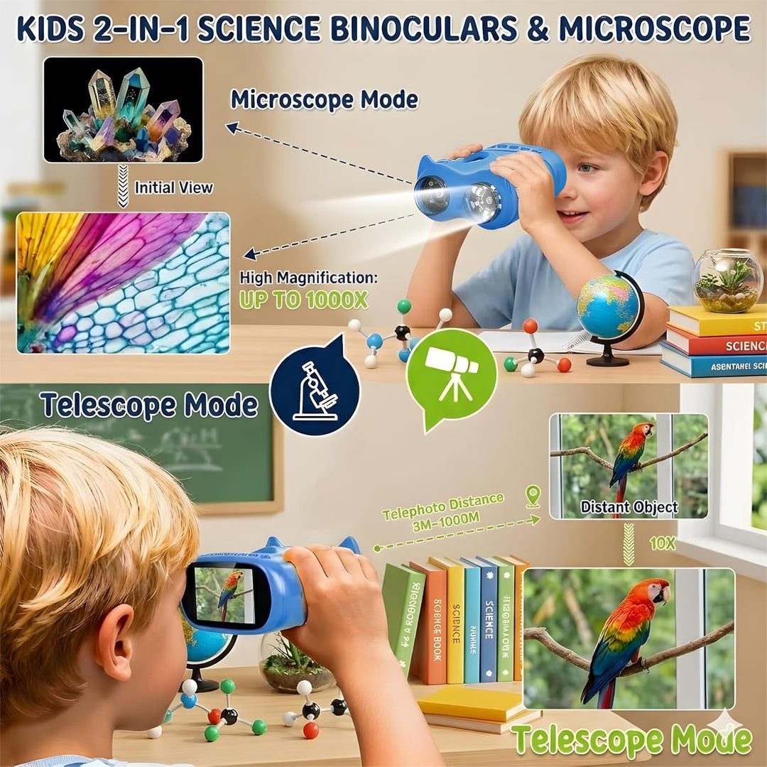 2 in 1 Mikroskop für Kinder und Fernglas Kinder, 2,0" IPS HD Mikroskop, 1000x Vergrösserung Teleskop