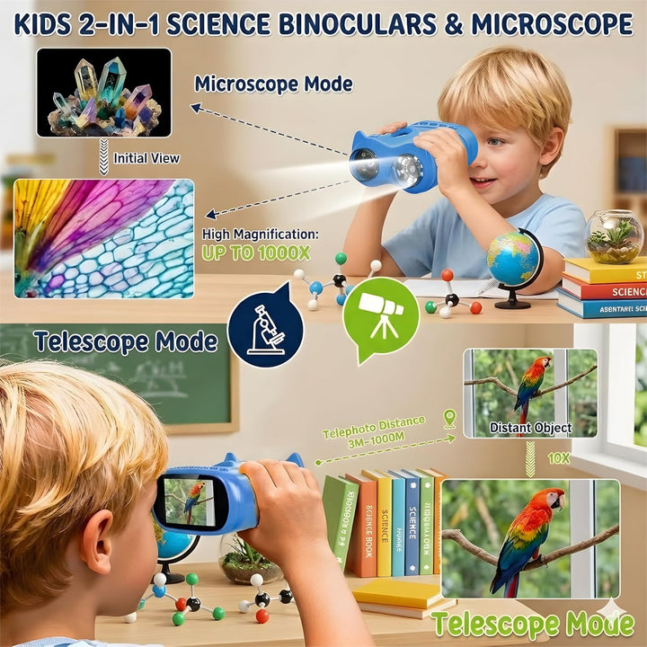 2 in 1 Mikroskop für Kinder und Fernglas Kinder, 2,0" IPS HD Mikroskop, 1000x Vergrösserung Teleskop