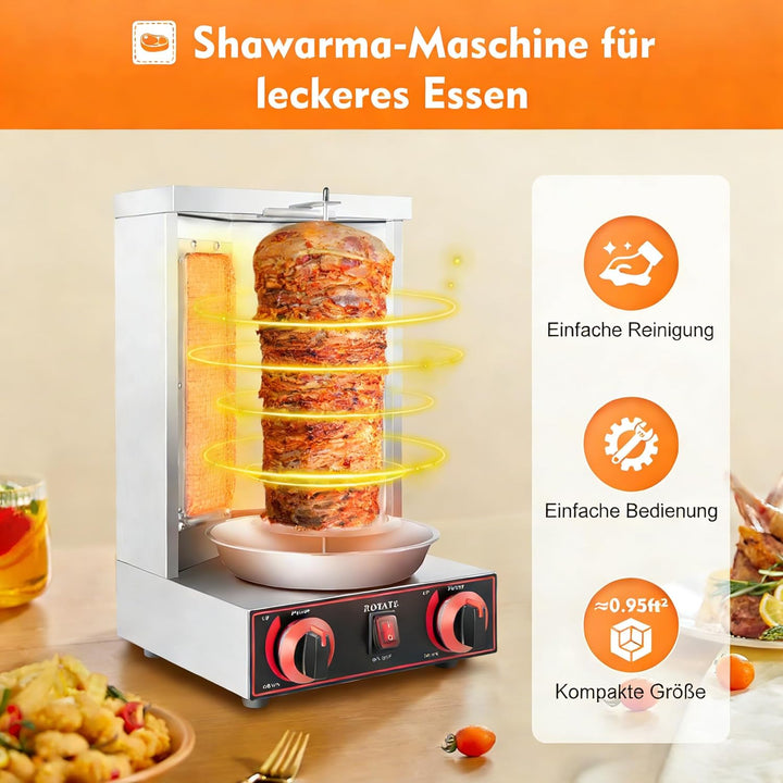 3000W Professionelle Gas-Schawarma-Grillmaschine Edelstahl Vertikalgrill mit 2 Keramikbrennern & 360