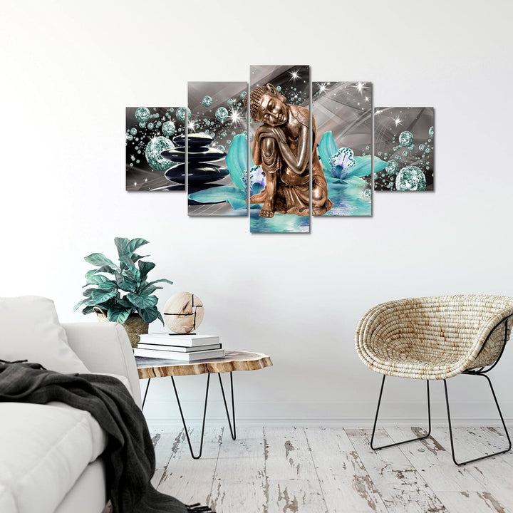 Runa Art Bild Wohnzimmer Schlafzimmer Buddha Orchidee 5 Teilig Abstrakt Türkis Grau Wandbilder auf V