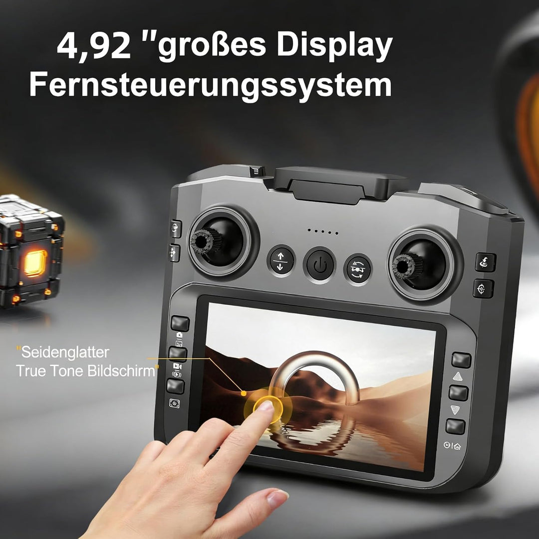 Drohne mit 4,9-Zoll-Bildschirm-Fernbedienung, HD-Dual-Kamera, bürstenlosem Motor, 360° Flips, optisc