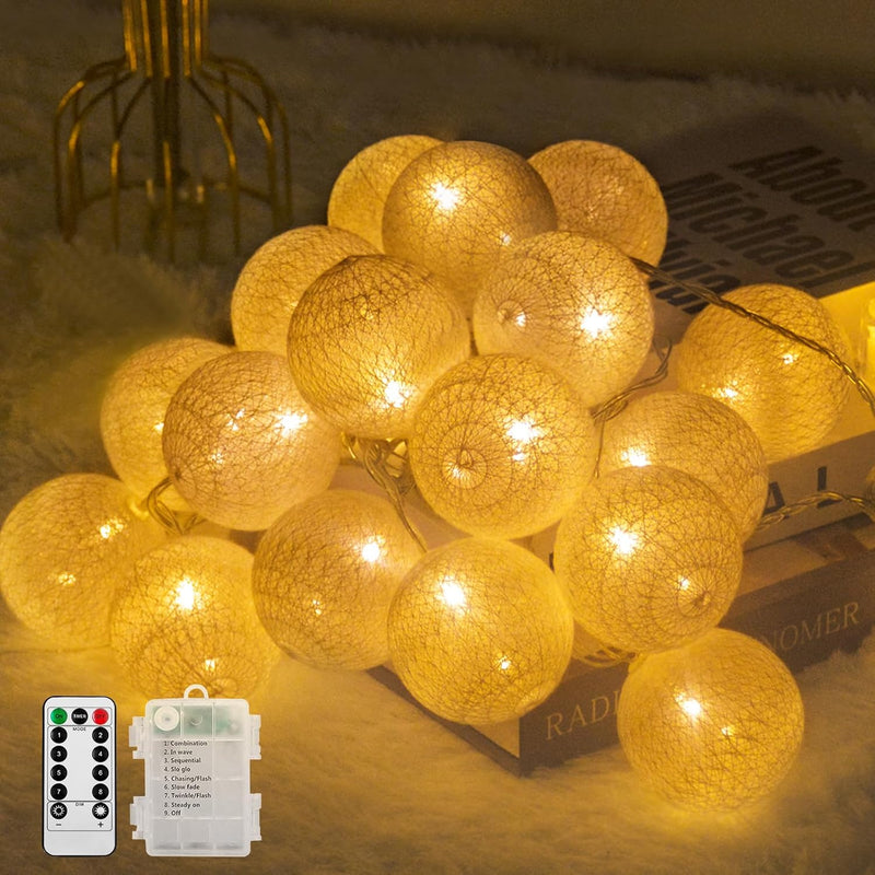 Ciskotu Baumwollkugeln Lichterkette Batteriebetrieben, 20 LED Dimmbar Cotton Ball Lichterkette mit F