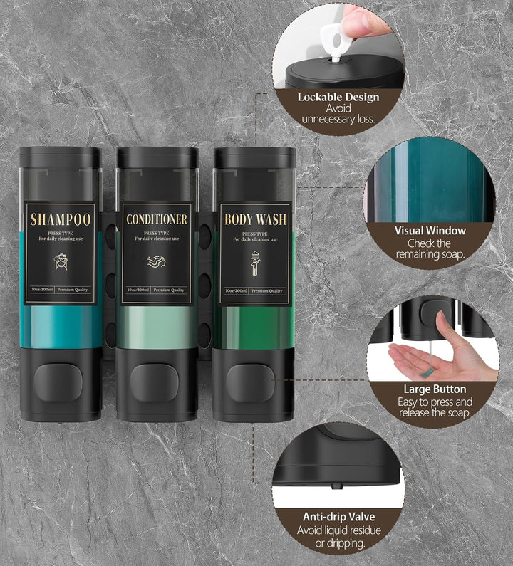 Luxspire Shampoo- und Conditioner-Spender, bohrerloser Wand-Duschseifenspender mit 3 Kammern und was