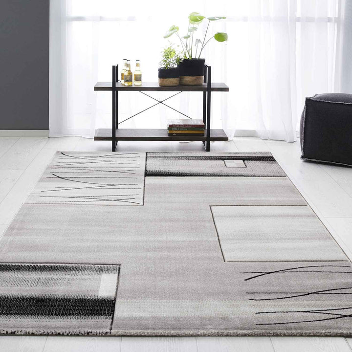 VIMODA Designer Teppich Wohnzimmer Grau Kacheloptik mit Farbverlauf und Konturenschnitt, Grösse:80x3