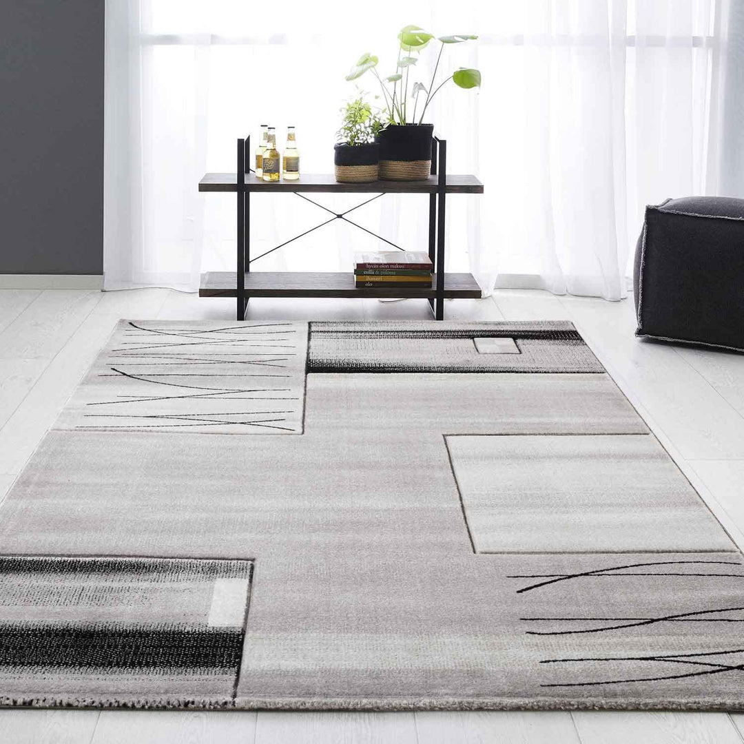 VIMODA Designer Teppich Wohnzimmer Grau Kacheloptik mit Farbverlauf und Konturenschnitt, Grösse:80x1
