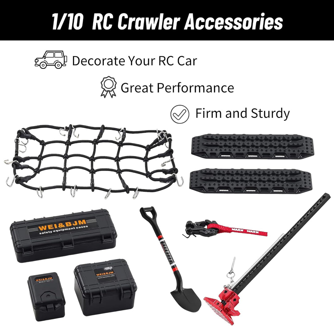 RC Crawler Zubehör, 1/10 Truck Dachträger Rc Zubehör Set 9 in 1 Tankaufbewahrungsbox, Gepäcknetz, Sc