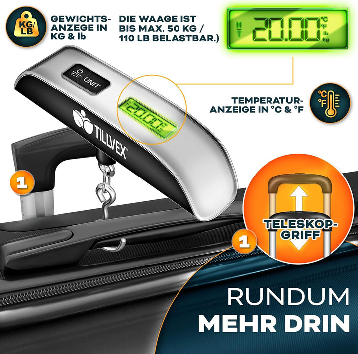 tillvex® Reisekoffer Set 3-TLG. + Gepäckwaage, 6X Koffergurte & 3X Kofferanhänger | Kofferset 4 Roll