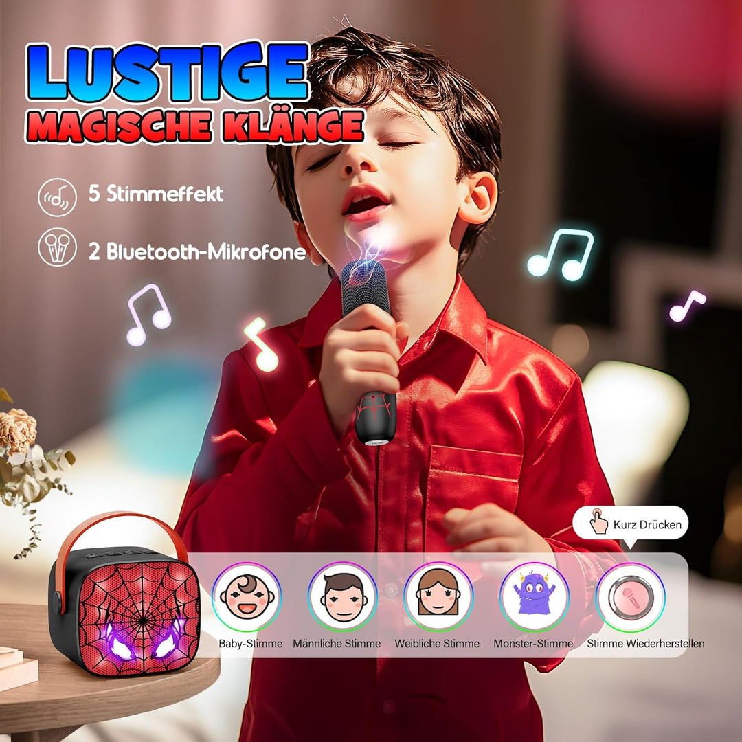 Braxel Karaoke Anlage Set mit 2 Bluetooth Mikrofonen Kinder, Spider Kinder Weihnachten Geschenk Jung