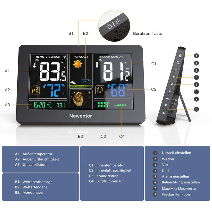 Newentor Wetterstation Funk mit Aussensensor - Funkwetterstation mit Wettervorhersage, Temperaturwar