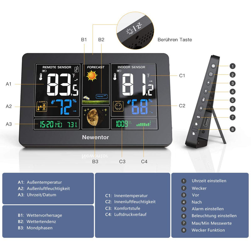Newentor Wetterstation Funk mit Aussensensor - Funkwetterstation mit Wettervorhersage, Temperaturwar