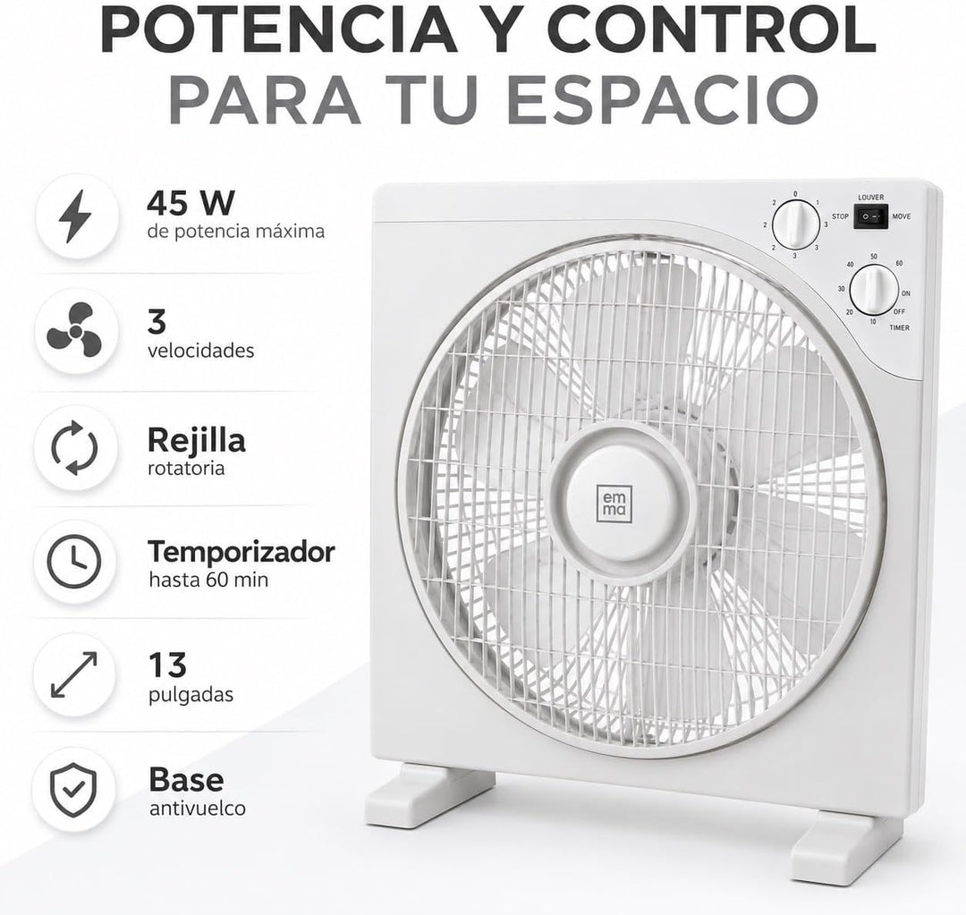 Quadratischer Tischventilator, 45 W, 33 cm, 3 Geschwindigkeiten, Rotationsgitter, Timer 60 min, Kipp