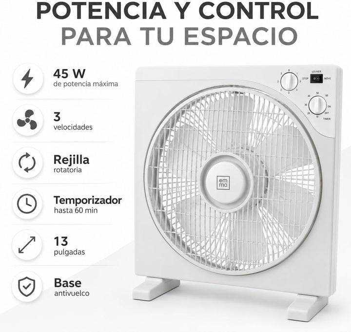 Quadratischer Tischventilator, 45 W, 33 cm, 3 Geschwindigkeiten, Rotationsgitter, Timer 60 min, Kipp