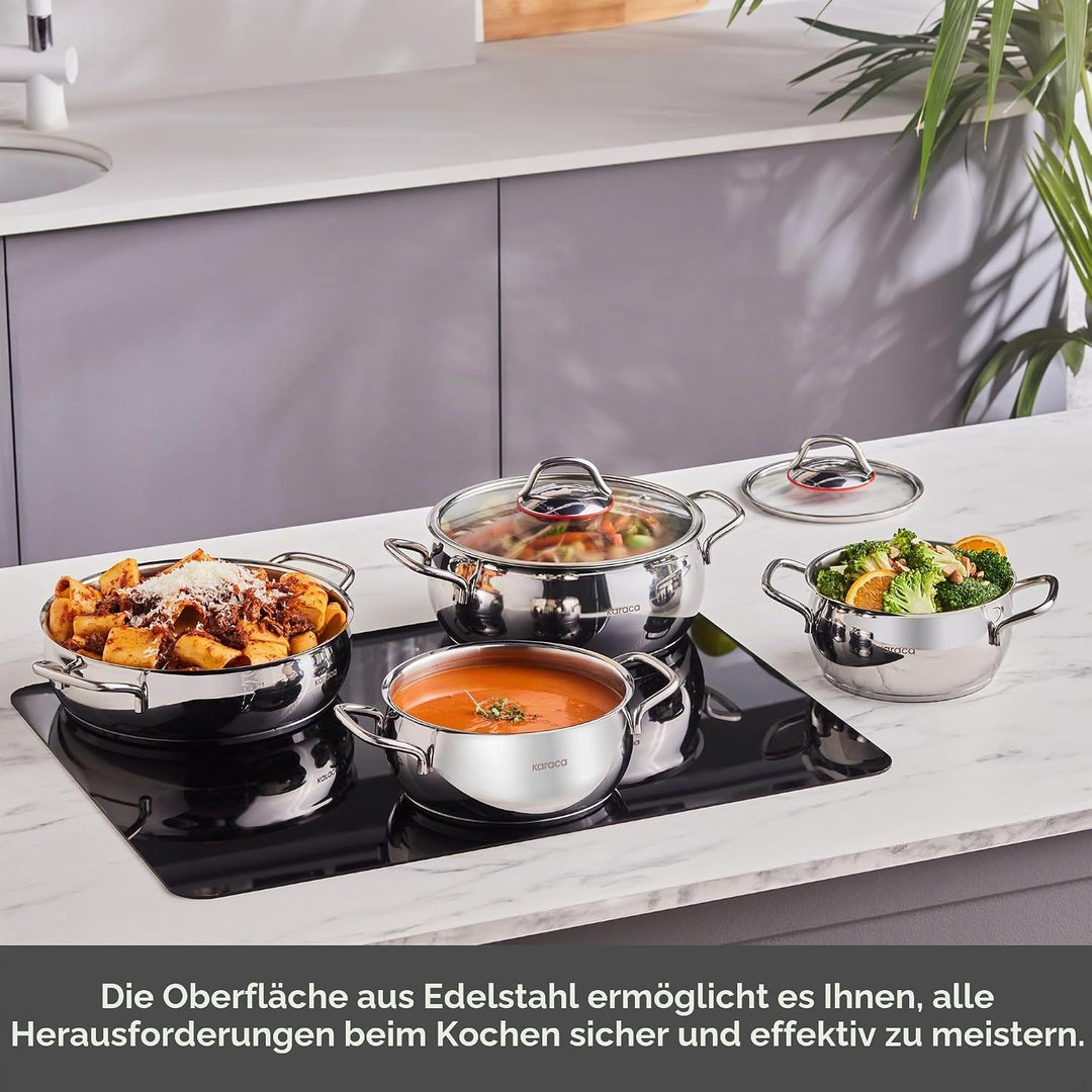 Karaca Emirgan 8-Tlg, Kochgeschirr Set aus Stahl Topfset, Kochgeschirr set, Kochtopfsets, Edelstahl,