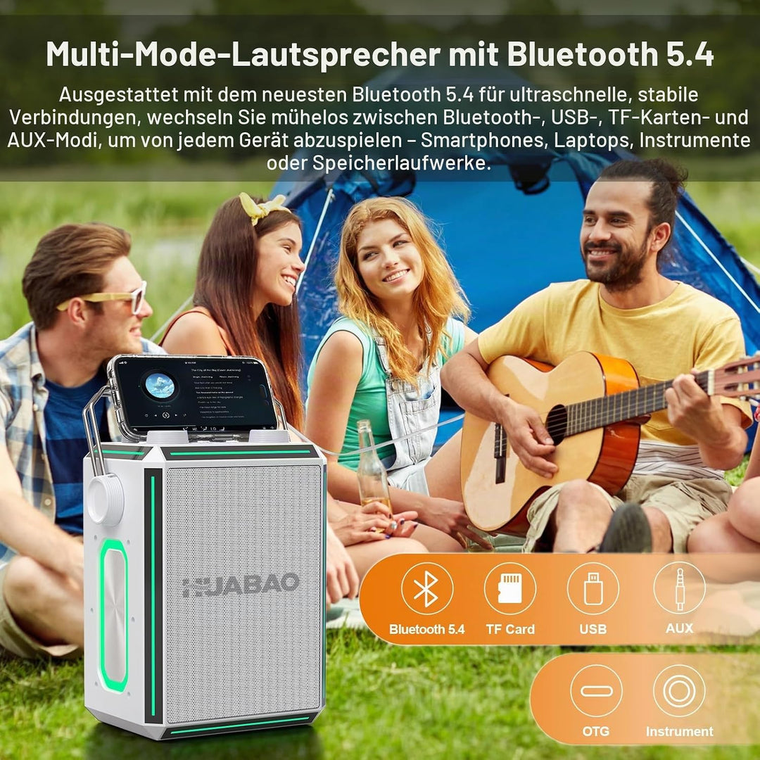Tragbarer Bluetooth-Karaoke-Lautsprecher mit 2 kabellosen Mikrofonen, RGB-Beleuchtung, Höhen- und Ba