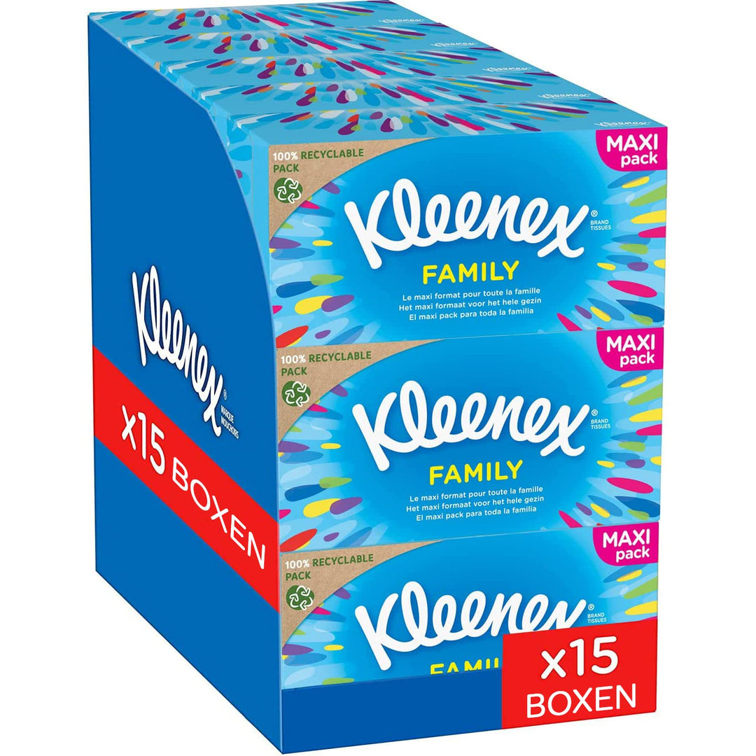 Kleenex Family Kosmetiktücher-Box, für den täglichen Gebrauch, 2-lagig, 15 Boxen je 128 Tücher blanc