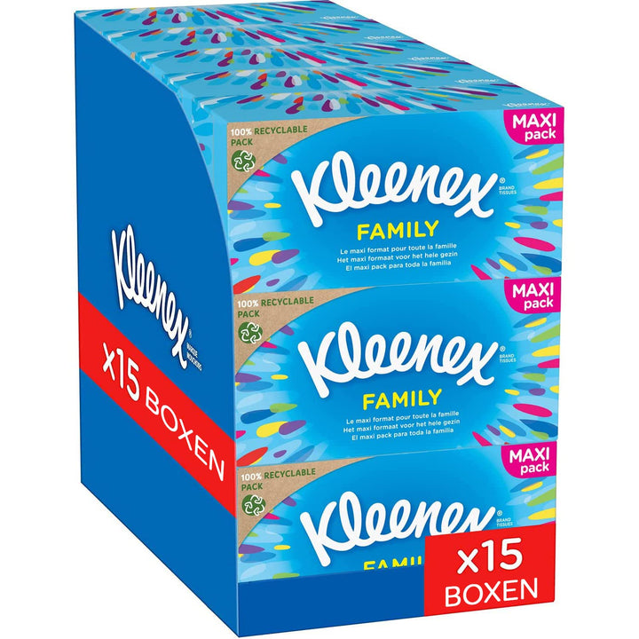 Kleenex Family Kosmetiktücher-Box, für den täglichen Gebrauch, 2-lagig, 15 Boxen je 128 Tücher blanc