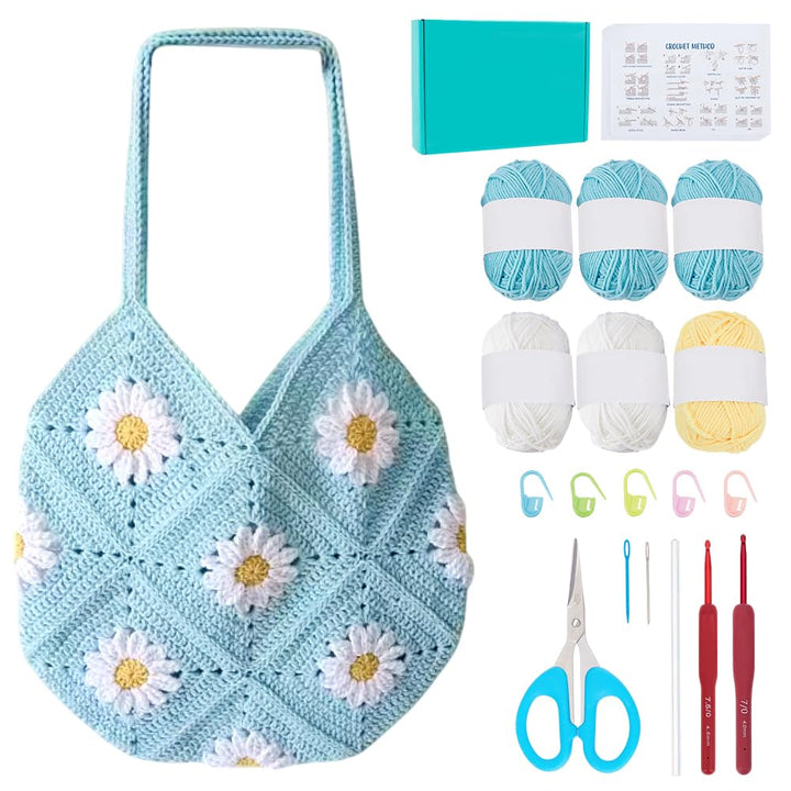 ORIGACH Häkel Tasche Set Für Anfänger, DIY Daisy Granny Square Tasche Starter Häkelset Für Erwachsen