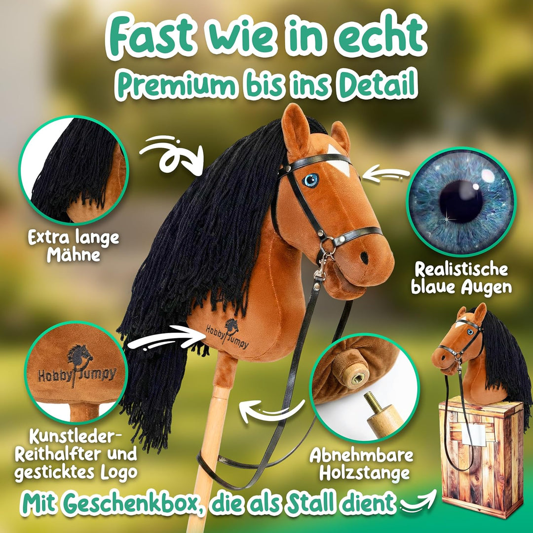 HobbyJumpy Neu Premium Hobby Horse,Steckenpferd,Stockpferd mit realistischen Augen & Stall‑Karton –