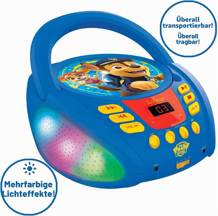 Lexibook, Paw Patrol, Bluetooth-CD-Player für Kinder, tragbar, mehrfarbige Lichteffekte, Mikrofonbuc