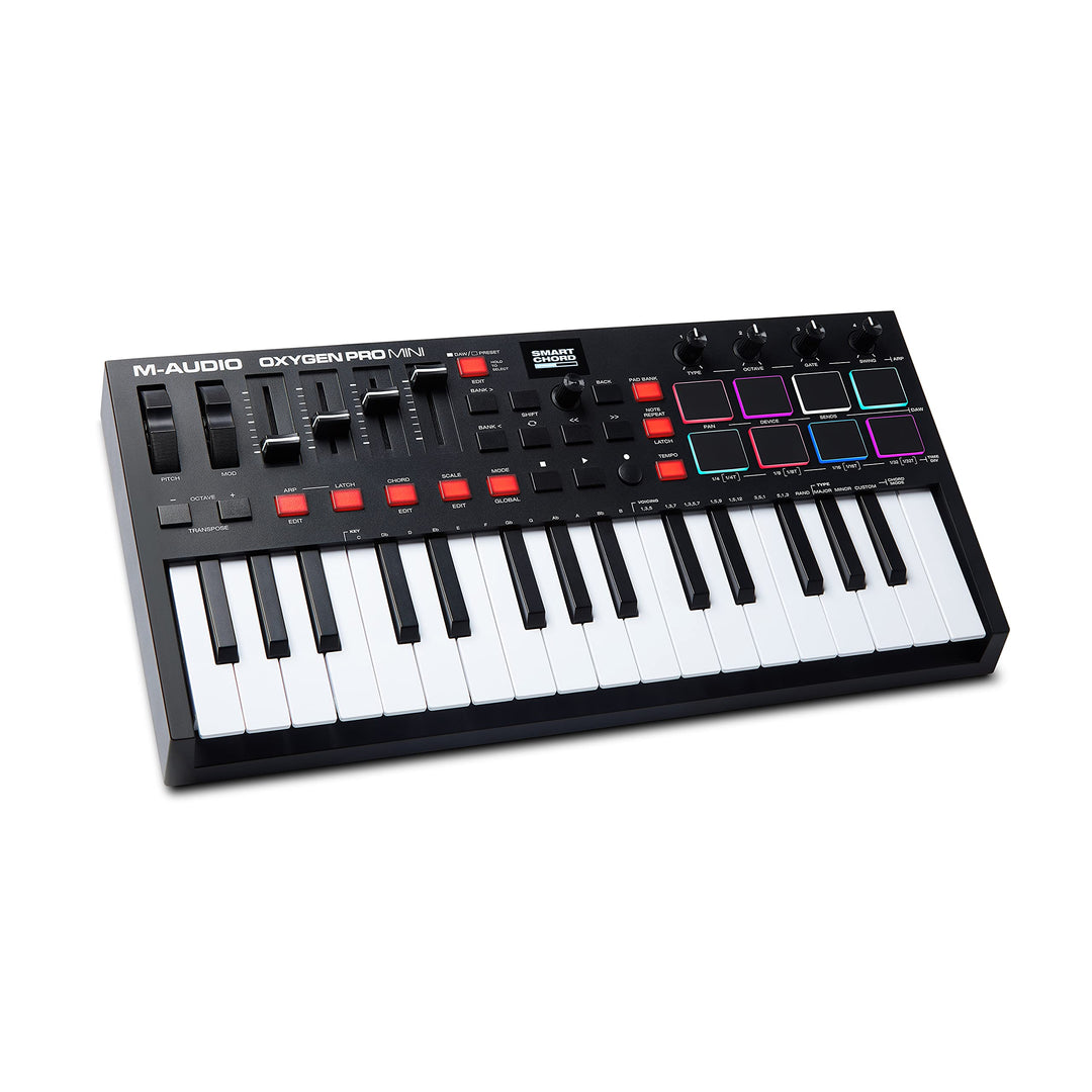 M-Audio Oxygen Pro Mini – 32-Tasten USB MIDI Keyboard Controller mit Beat Pads, MIDI-zuweisbaren Reg