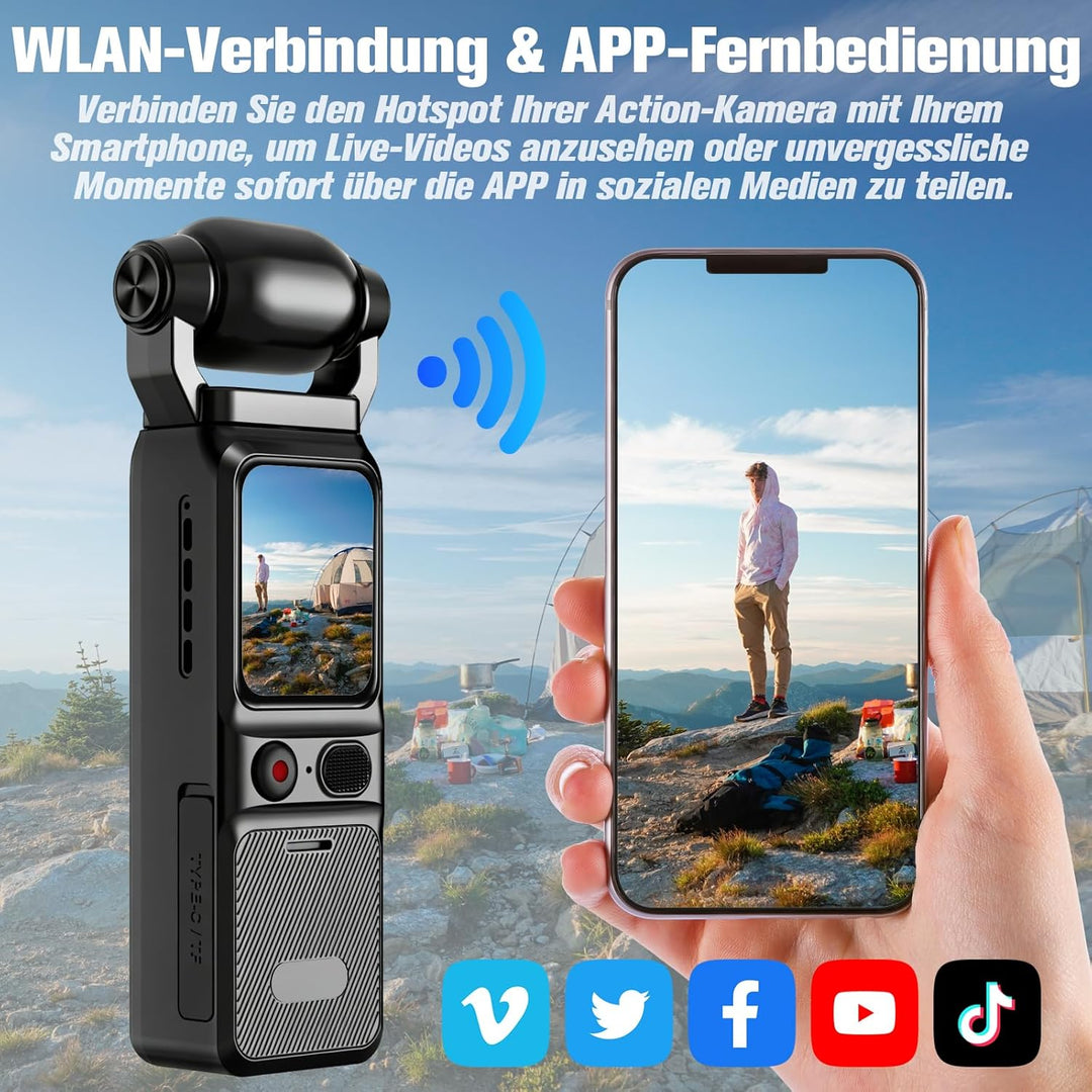 Vlogging Wifi Action Kamera 4K, 160°-Sport Actionkamera, Tragbare Taschenkamera mit um 180° Drehbare